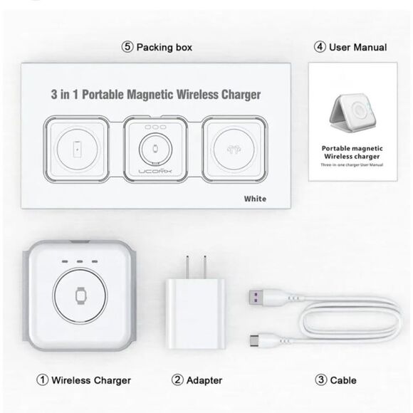 RTOPS 3 In 1 Portable Magnetic Wireless Charger IPhone Apple Watch AirPods White - Picture 4 of 14